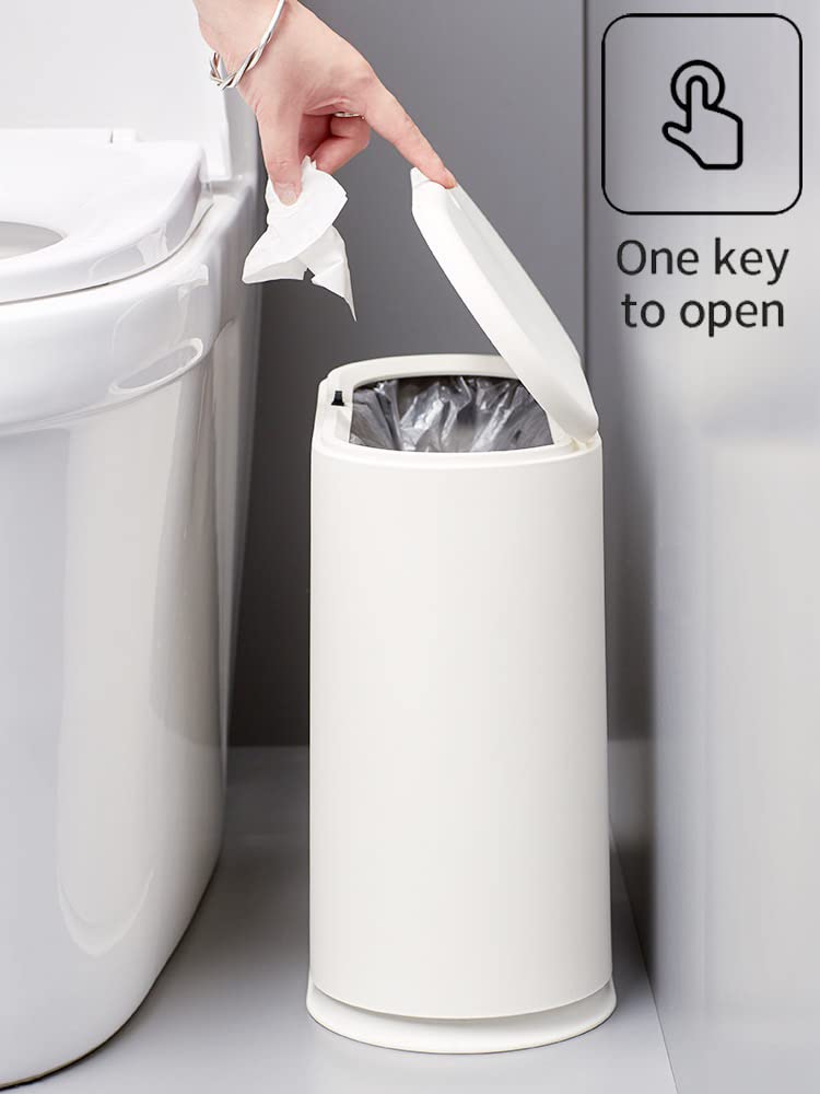 Baosia 12 Liter White Rectangular Plastic Trash Can Wastebasket with Press Type Lid,3.2Gallon Slim Trash Bin,Narrow Trash Can Waste Bins for Bedroom, Bathroom, Office,Kitchen，Powder Room