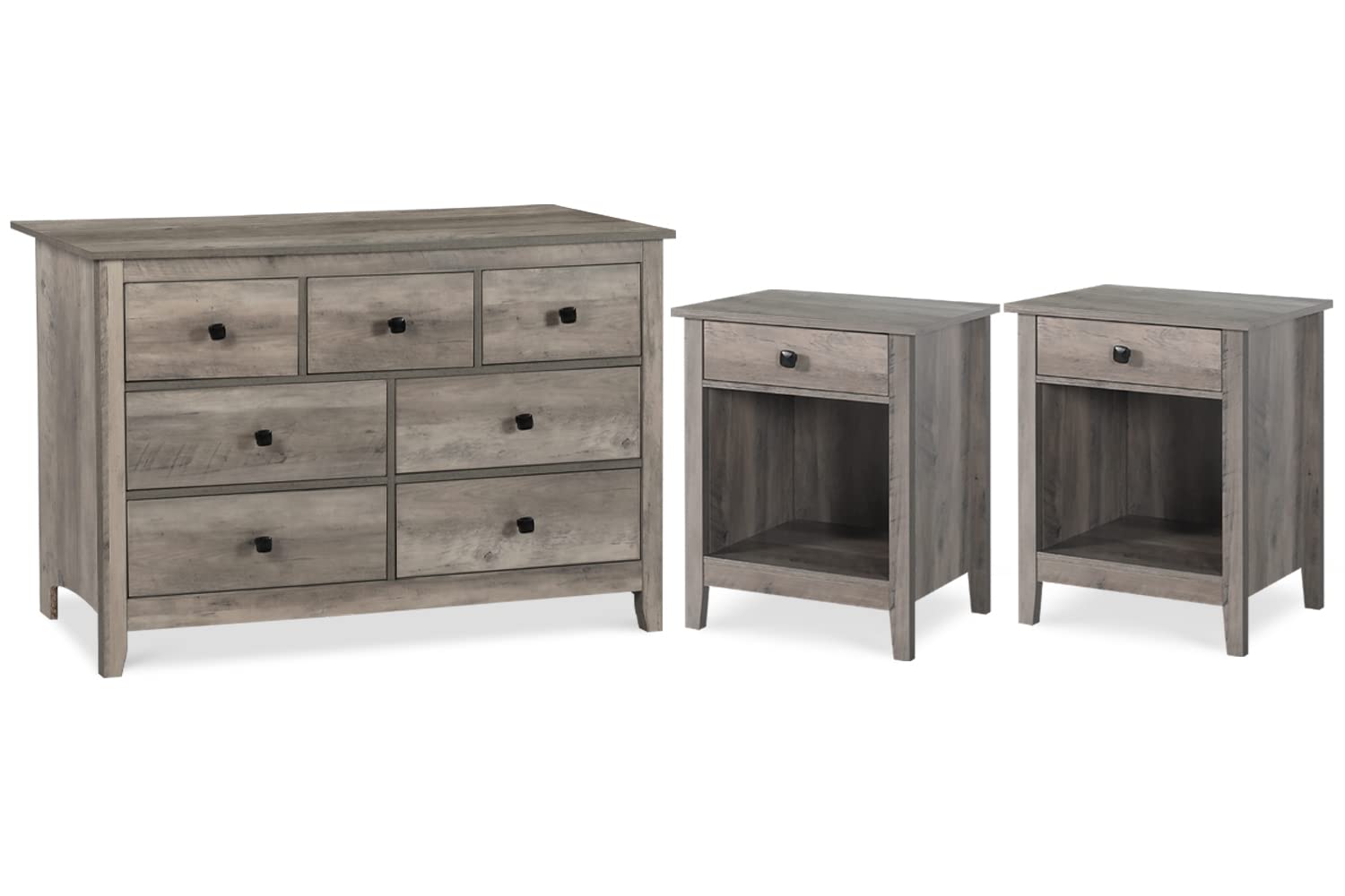 Vikiullf Dresser and Nightstand Set - 3 Pieces Bedroom Set with 7 Drawer Dresser and 1 Drawer Nightstands, Wood Double Dresser, Grey Wood Grain