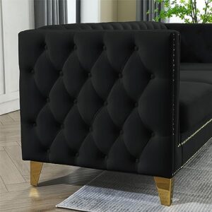 80" Couches for Living Room, Modern Button Tufted Velvet Upholstered Sofa Couch with Square Armrests Inlaid with Gold Nail Heads and 4 Golden Metal Legs for Office, Living Room, Apartment, Black