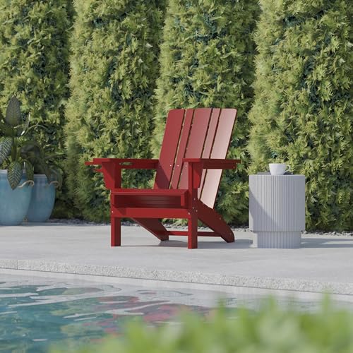 Flash Furniture Halifax Adirondack Chair with Cup Holder, Weather Resistant Poly Resin Adirondack Chair, Red