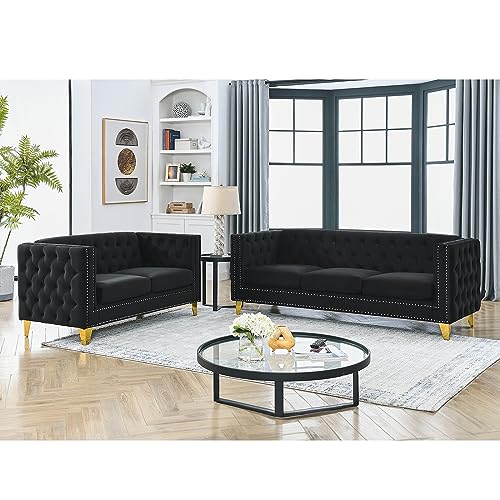 80" Couches for Living Room, Modern Button Tufted Velvet Upholstered Sofa Couch with Square Armrests Inlaid with Gold Nail Heads and 4 Golden Metal Legs for Office, Living Room, Apartment, Black