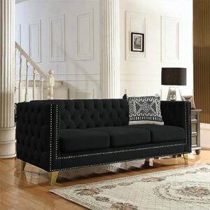 80" couches for living room, modern button tufted velvet upholstered sofa couch with square armrests inlaid with gold nail heads and 4 golden metal legs for office, living room, apartment, black