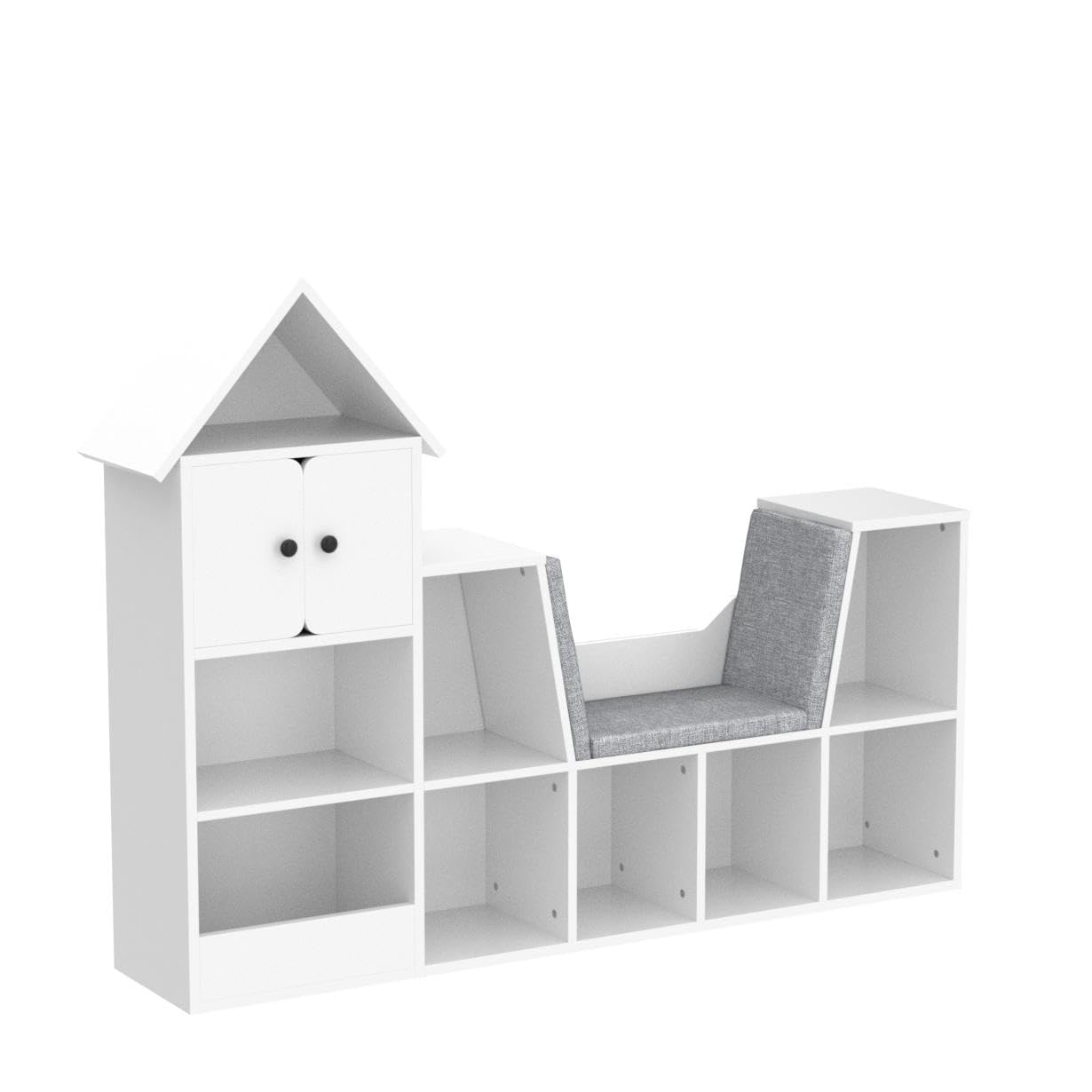 Cozy Castle 56.9" Wooden Kids Bookshelf with Reading Nook, Kids Bookcase with Detachable Cushions,Toy Storage Organizer with 9 Cubes and 2 Doors for Bedroom, Playroom, White