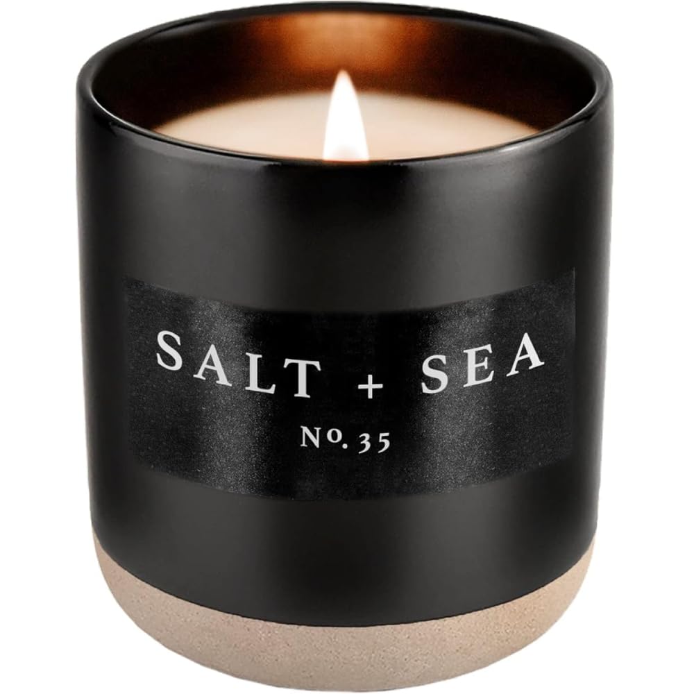 Sweet Water Decor Salt and Sea Soy Candle | Sea Salt, Citrus, Musk and Amber Scented Soy Candles for Home | 12oz Black Stoneware Jar, 60+ Hour Burn Time, Made in the USA