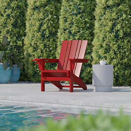 Flash Furniture Halifax Adirondack Chair with Cup Holder, Weather Resistant Poly Resin Adirondack Chair, Red