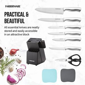 Farberware Stainless Steel Knife Block Set with Built-In Sharpener and Cutting Mats, 15-Piece Value Set, High-Carbon Stainless Steel Kitchen Knives, Razor-Sharp Knife Set with Boards, Black