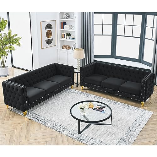 80" Couches for Living Room, Modern Button Tufted Velvet Upholstered Sofa Couch with Square Armrests Inlaid with Gold Nail Heads and 4 Golden Metal Legs for Office, Living Room, Apartment, Black