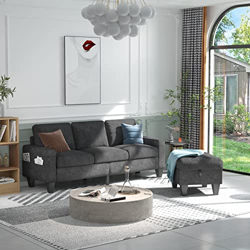 Sunrise Coast Sectional Sofa Couch L-Shaped Sofa Modern Linen Fabric 3-Seat Couch with Convertible Storage Ottoman Grey Living Room Furniture Set for Apartment Loft Small Spaces