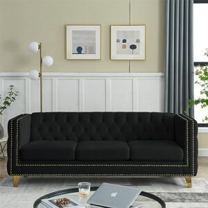 80" Couches for Living Room, Modern Button Tufted Velvet Upholstered Sofa Couch with Square Armrests Inlaid with Gold Nail Heads and 4 Golden Metal Legs for Office, Living Room, Apartment, Black