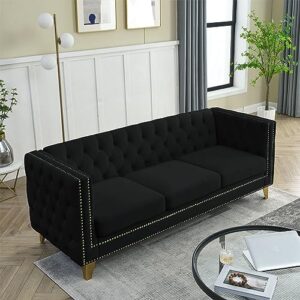 80" Couches for Living Room, Modern Button Tufted Velvet Upholstered Sofa Couch with Square Armrests Inlaid with Gold Nail Heads and 4 Golden Metal Legs for Office, Living Room, Apartment, Black