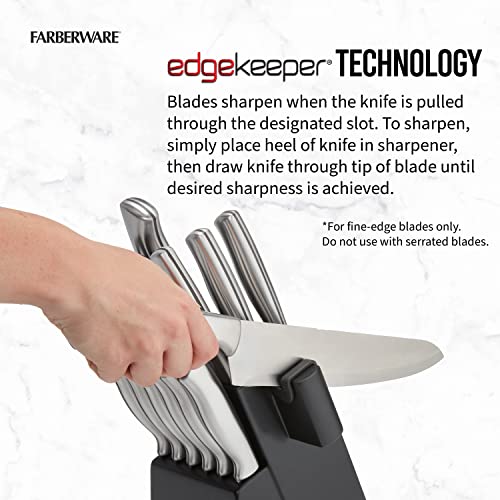 Farberware Stainless Steel Knife Block Set with Built-In Sharpener and Cutting Mats, 15-Piece Value Set, High-Carbon Stainless Steel Kitchen Knives, Razor-Sharp Knife Set with Boards, Black