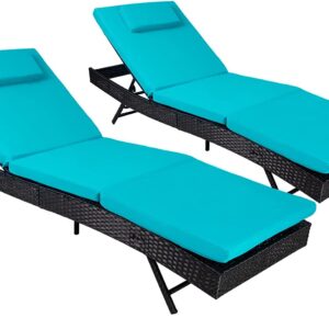 SUNCROWN 2-Piece Outdoor Chaise Lounge Patio Lounge Chair Sets - Black Wicker Adjustable Back Reclining Chair with Cushion for Poolside, Garden, Backyard - Blue