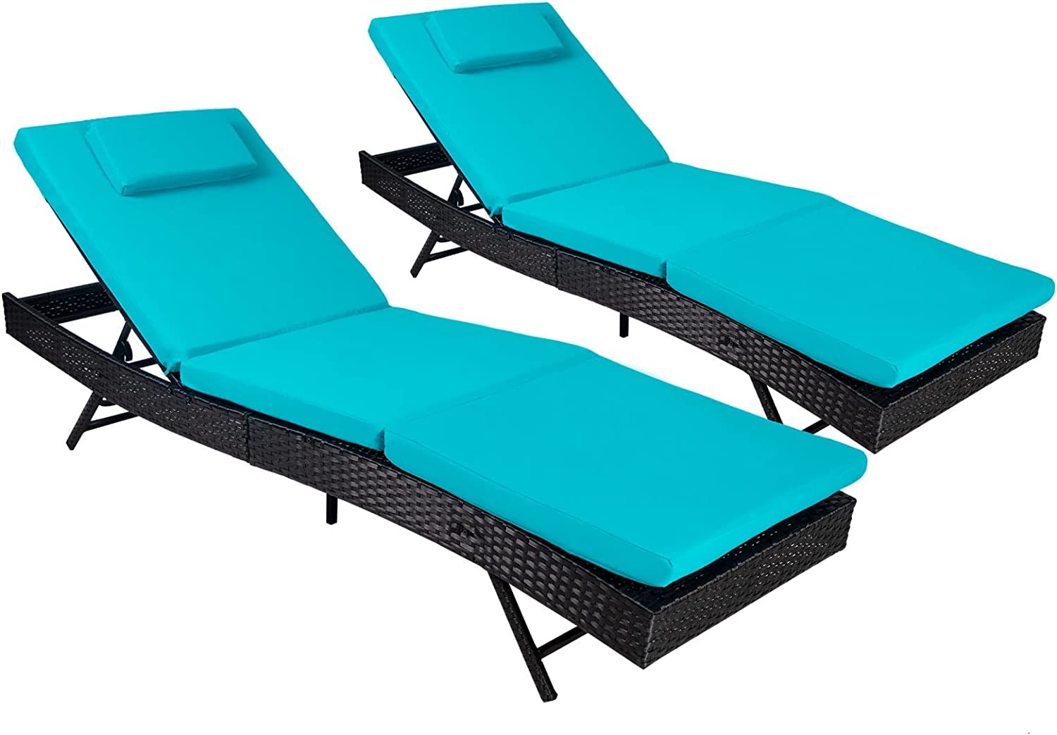 SUNCROWN 2-Piece Outdoor Chaise Lounge Patio Lounge Chair Sets - Black Wicker Adjustable Back Reclining Chair with Cushion for Poolside, Garden, Backyard - Blue