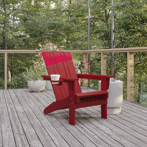 Flash Furniture Halifax Adirondack Chair with Cup Holder, Weather Resistant Poly Resin Adirondack Chair, Red