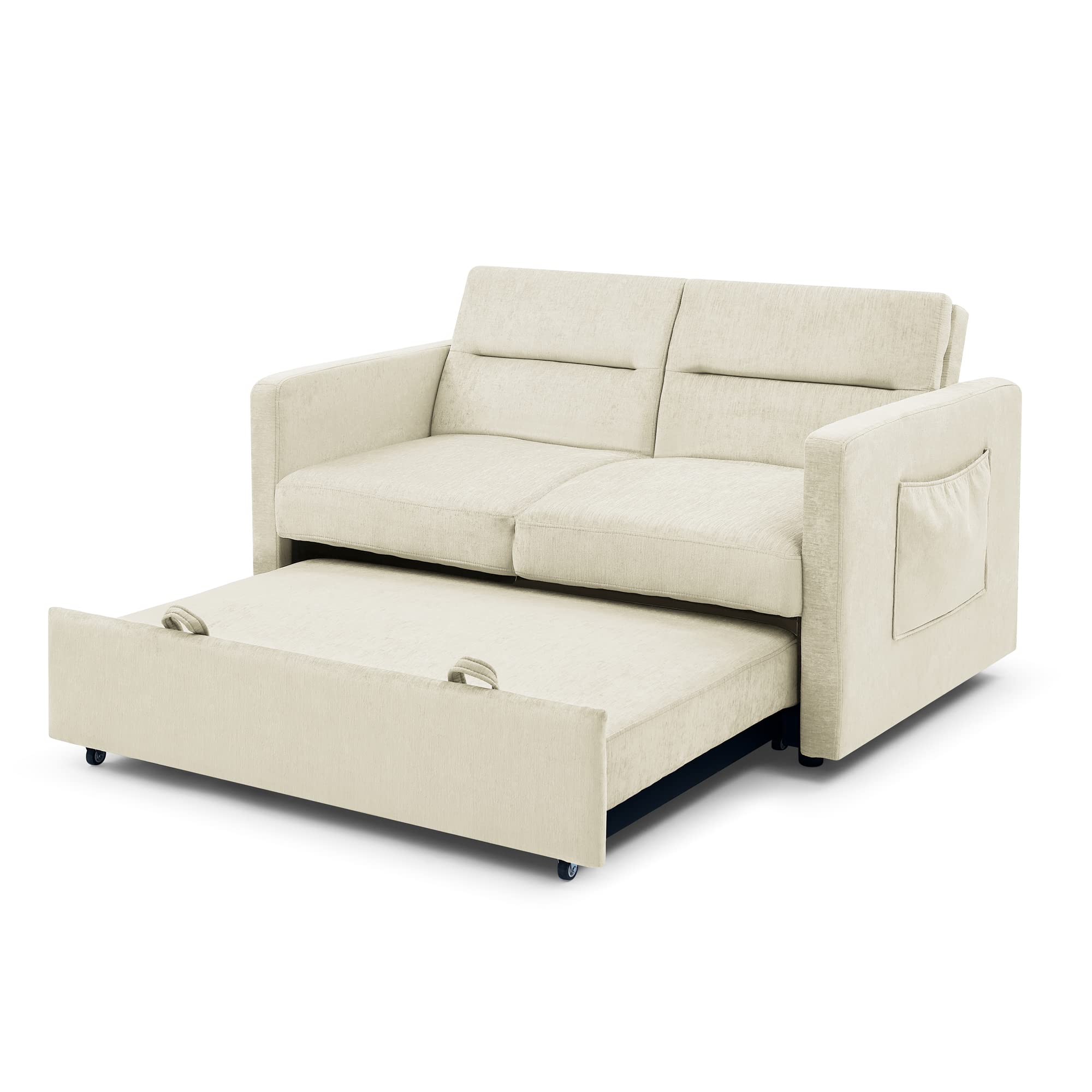 Merax 54.5" Loveseat with Pull Out Bed, 3 in 1 Convertible Chenille Sleeper Sofa Bed with Adjustable Backrest & 2 Arm Pocket for Living Room or Apartments, Beige