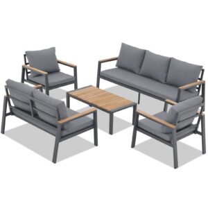 JOIVI Aluminum Patio Furniture Set 5 Pieces Outdoor Conversation Set with Teak Coffee Table & Cushions, Outdoor Patio Furniture Sectional Patio Sofa Outside Furniture for Deck, Backyard, Gray