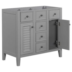 36" Bathroom Vanity Without Sink, Bathroom Vanity Base with Two Cabinets and Five Drawers, Modern Freestanding Bathroom Storage Cabinet with Solid Wood Frame and Soft Closing Doors for Bathroom, Grey