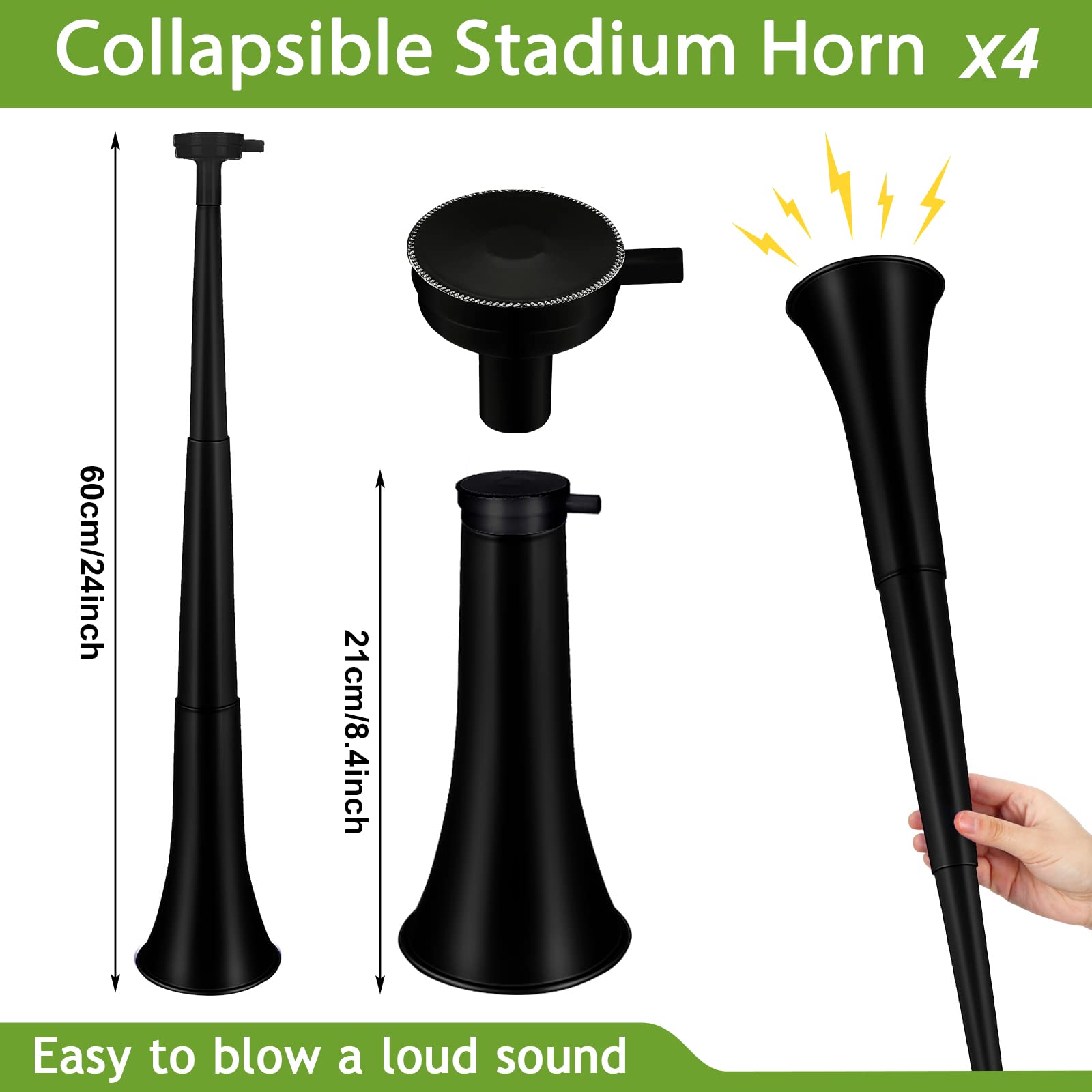 Outus 4 Pieces Collapsible Stadium Horn 24 Inch Vuvuzela Plastic Trumpet Horn Blow Horn Noisemakers for Sporting Events Graduation Games School Sports Party Supplies Favors Accessories (Black)