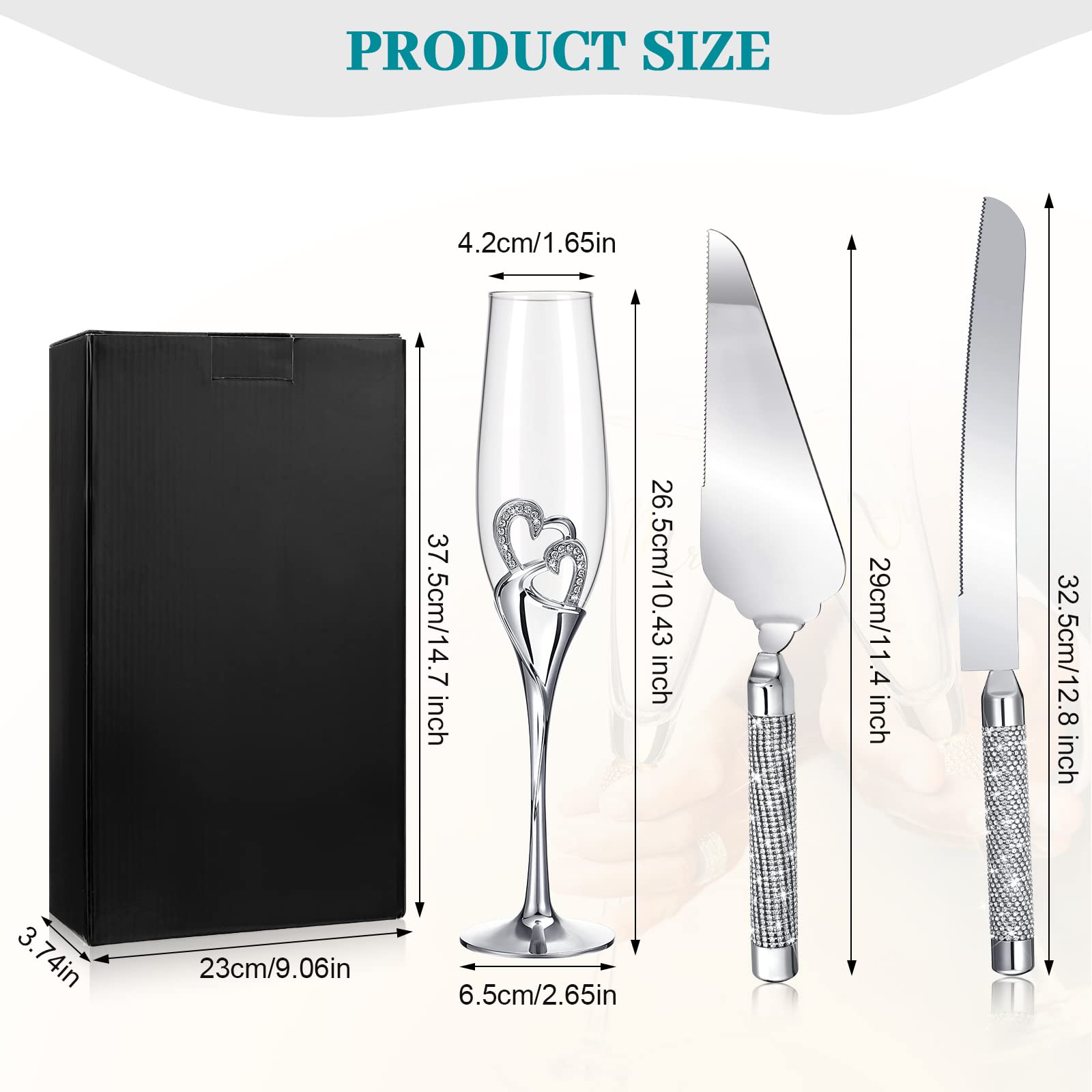 Zhehao Wedding Champagne Flutes and Cake Knife Server Set Toasting Glasses Toasting Champagne Flutes with Rhinestone Rimmed Hearts Decoration Couple Cake Cutting Set for Wedding Anniversary (Silver)