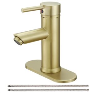 greenspring brushed gold bathroom faucet, bathroom sink faucet, farmhouse single handle one hole bathroom faucets with supply line with pop up sink drain assembly and water faucet supply lines