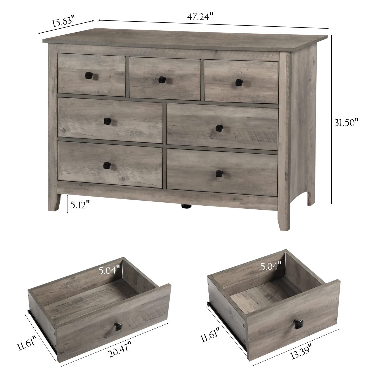 Vikiullf Dresser and Nightstand Set - 3 Pieces Bedroom Set with 7 Drawer Dresser and 1 Drawer Nightstands, Wood Double Dresser, Grey Wood Grain