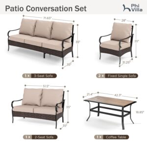 PHI VILLA Patio Furniture Set, 5 Pieces Outdoor Metal Wicker Conversation Sofa Set for Backyard w/Coffee Table, Seat Cushions