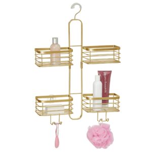 mDesign Metal Steel Hanging Shower Caddy, 4 Basket Organizer Rack for Bathroom; Hold Handheld Shower Head, Hose, Shampoo, Conditioner, Shaving Cream, Soap, Loofah - Carson Collection - Soft Brass