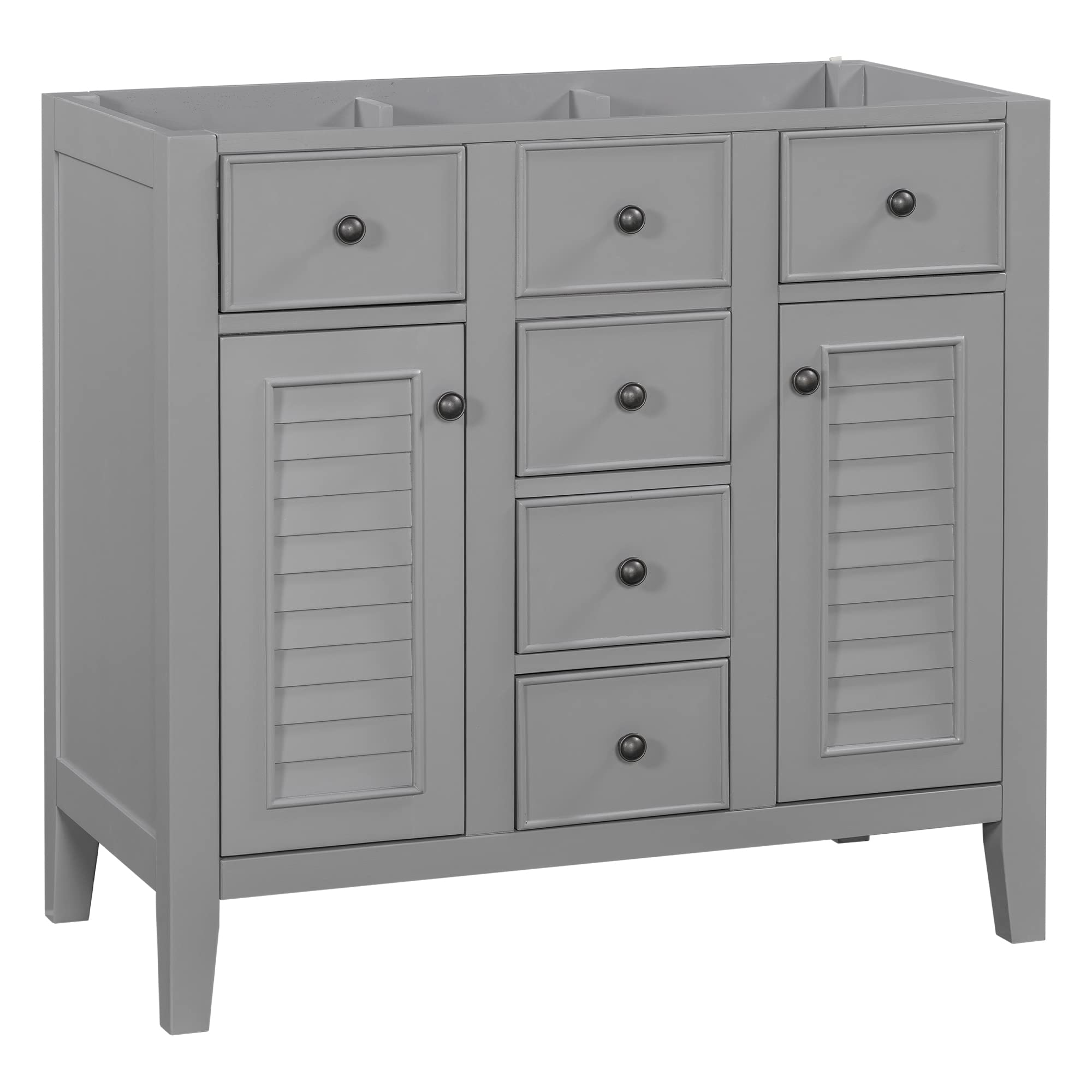 36" Bathroom Vanity Without Sink, Bathroom Vanity Base with Two Cabinets and Five Drawers, Modern Freestanding Bathroom Storage Cabinet with Solid Wood Frame and Soft Closing Doors for Bathroom, Grey