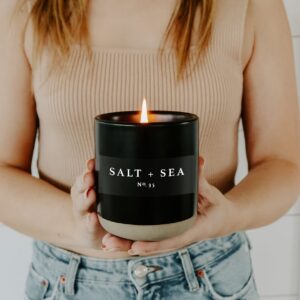 Sweet Water Decor Salt and Sea Soy Candle | Sea Salt, Citrus, Musk and Amber Scented Soy Candles for Home | 12oz Black Stoneware Jar, 60+ Hour Burn Time, Made in the USA