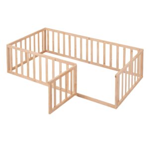 Bellemave Twin Size Floor Bed for Kids, Montessori Beds with Fence Railings and Door, Wood Playhouse Bed Frame for Boys Girls, Natural