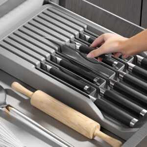 CYlovinho Kitchen Knife Drawer Organizer, Kitchen Drawer Organizer Insert Fixed 11 Knives (Without Knife), Save Space and Kitchen Safety (Gray)