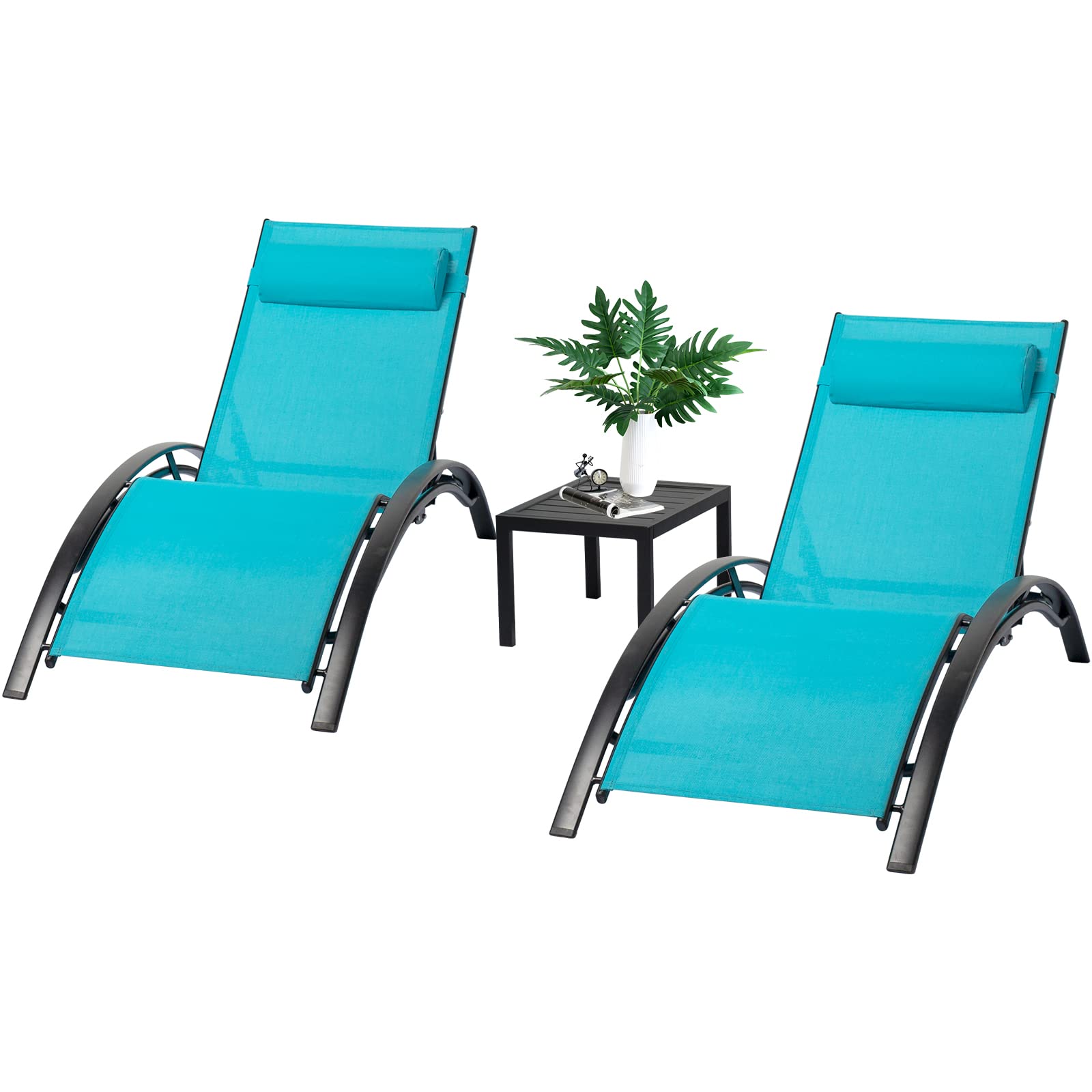 VARVIND Patio Chaise Lounge Chair Set of 3,Aluminum Outdoor Lounge Chair with Headrest,Sunbathing Lounger,Pool Tanning Chairs,Armrest Recliner Chiar with Side Table for Beach,Garden，Lawn(Blue)