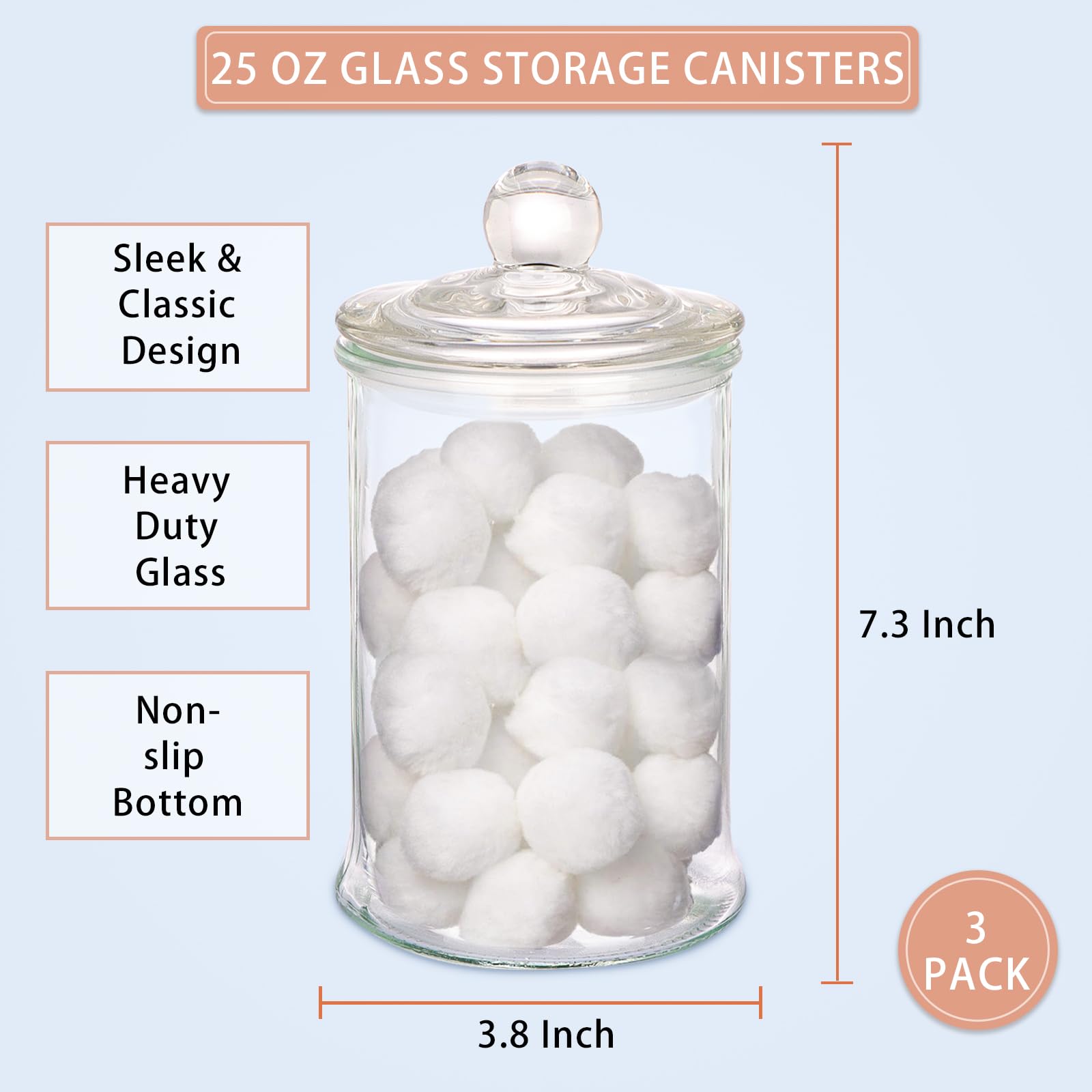 UrSpeedtekLive 3 Pack Glass Apothecary Jars with Lids, 25oz Clear Bathroom Accessories Canisters Storage Organizer, Cotton Ball Holder Containers, Glass Jars for Bathroom, Vanity, Laundry Room