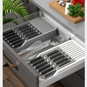 CYlovinho Kitchen Knife Drawer Organizer, Kitchen Drawer Organizer Insert Fixed 11 Knives (Without Knife), Save Space and Kitchen Safety (Gray)