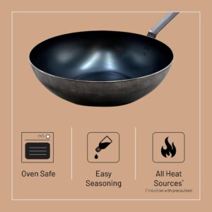 De Buyer - Blue Carbon Steel Wok Pan 2mm Thick - ACCESS - 12.5” Diameter, 9” Cooking Surface - Oven Safe - Naturally Nonstick - Made in France