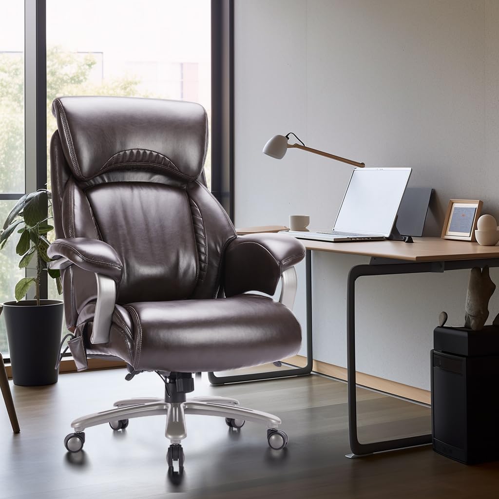 Big and Tall Office Chair 500lbs-Heavy Duty Ergonomic Computer Chair with Extra Wide Seat, High Back Executive Large Desk Chair with Thick Bonded Leather and Tilt Rock, Adjustable Lumbar Support-Brown