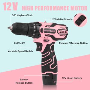 COMOWARE Pink Cordless Drill Set, 12V Power Drill Set Electric Screwdriver Driver Tool Kit for Women, 3/8" Keyless Chuck 1 Battery & Charger with Storage bag