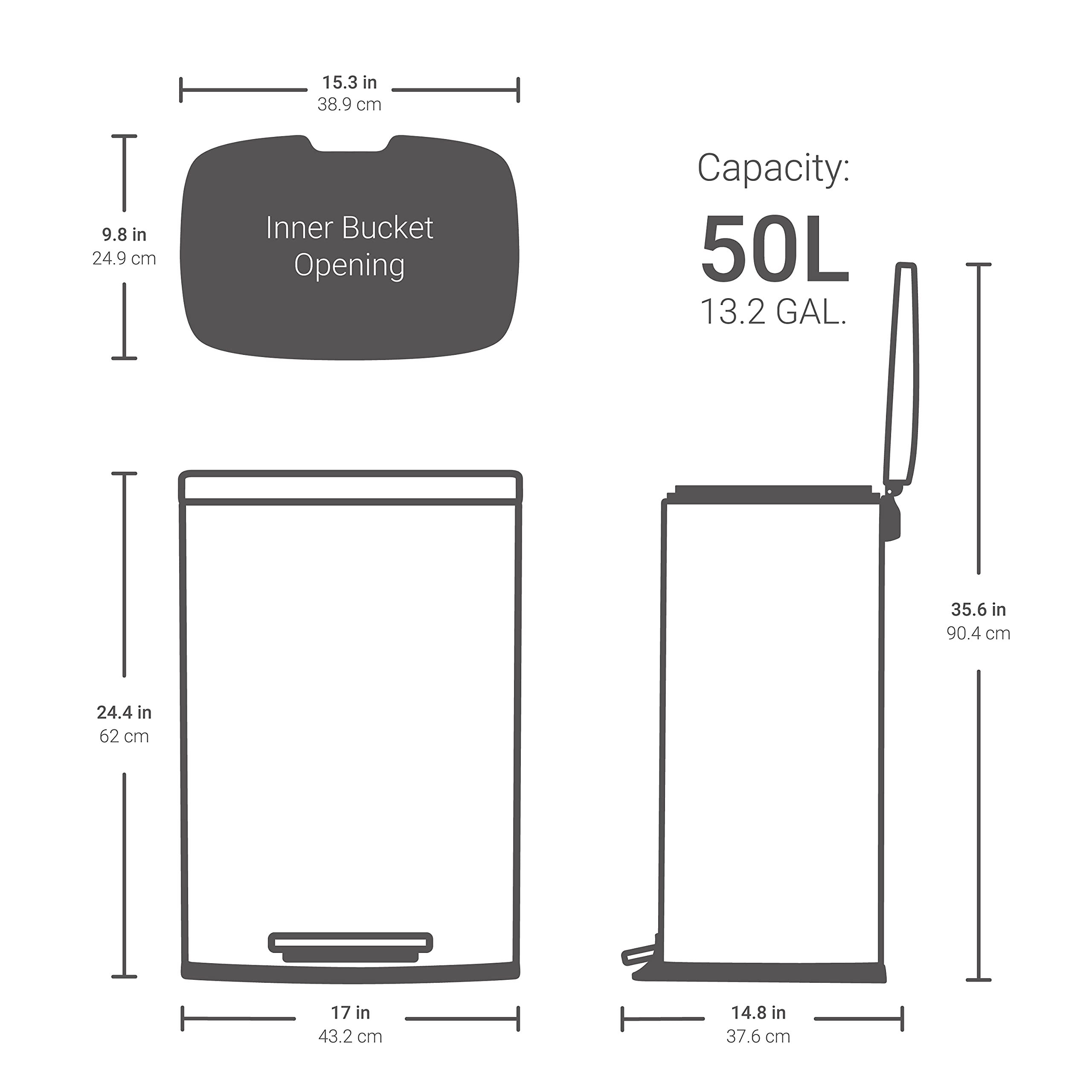 QUALIAZERO 50L/13Gal Stainless Steel Commercial/Kitchen Step Trash Can & 13 Gal Trash Bag Set, Soft Close Lid, Rectangle Shape (50L RECT & Bag)