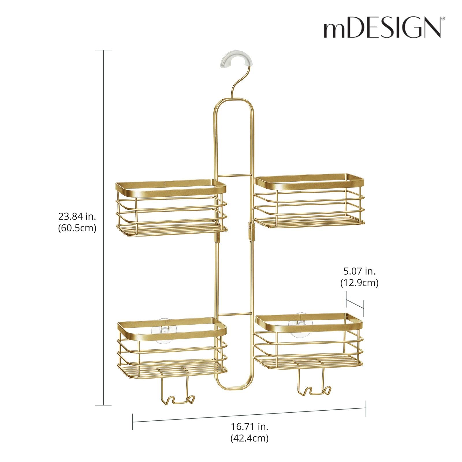 mDesign Metal Steel Hanging Shower Caddy, 4 Basket Organizer Rack for Bathroom; Hold Handheld Shower Head, Hose, Shampoo, Conditioner, Shaving Cream, Soap, Loofah - Carson Collection - Soft Brass