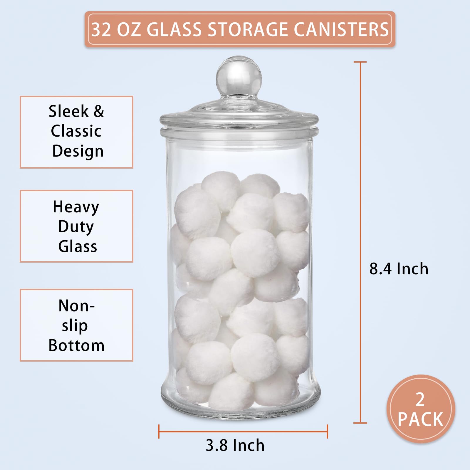 UrSpeedtekLive 2 Pack Glass Apothecary Jars with Lids, 32oz Clear Bathroom Accessories Canisters Storage Organizer, Cotton Ball Holder Containers, Glass Jars for Bathroom, Vanity, Laundry Room