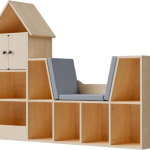 Cozy Castle 56.9" Wooden Kids Bookshelf with Reading Nook, Kids Bookcase with Detachable Cushions,Toy Storage Organizer with 9 Cubes and 2 Doors for Bedroom, Playroom, Oak