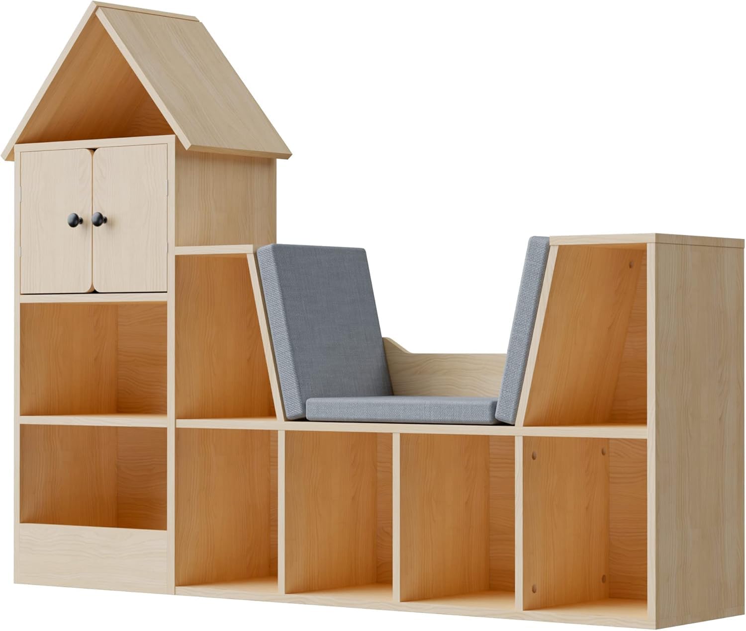 Cozy Castle 56.9" Wooden Kids Bookshelf with Reading Nook, Kids Bookcase with Detachable Cushions,Toy Storage Organizer with 9 Cubes and 2 Doors for Bedroom, Playroom, Oak