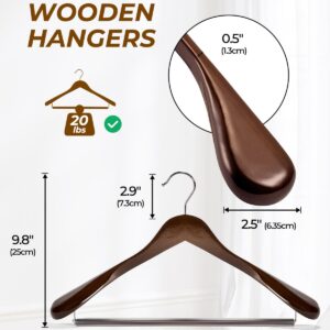 HOUSE DAY Wide Shoulder Wooden Hangers, Wood Suit Hangers with Non Slip Pant Holder, Heavy Duty Coat Hangers for Closet, Wooden Clothes Hangers for Suits, Coats, Jackets, Shirts (6 Pack, Walnut)