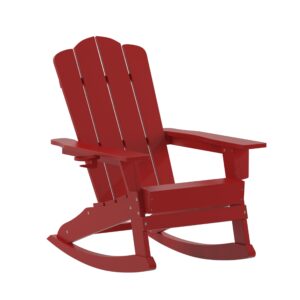 flash furniture newport adirondack rocking chair with cup holder, weather resistant poly resin adirondack rocking chair, red