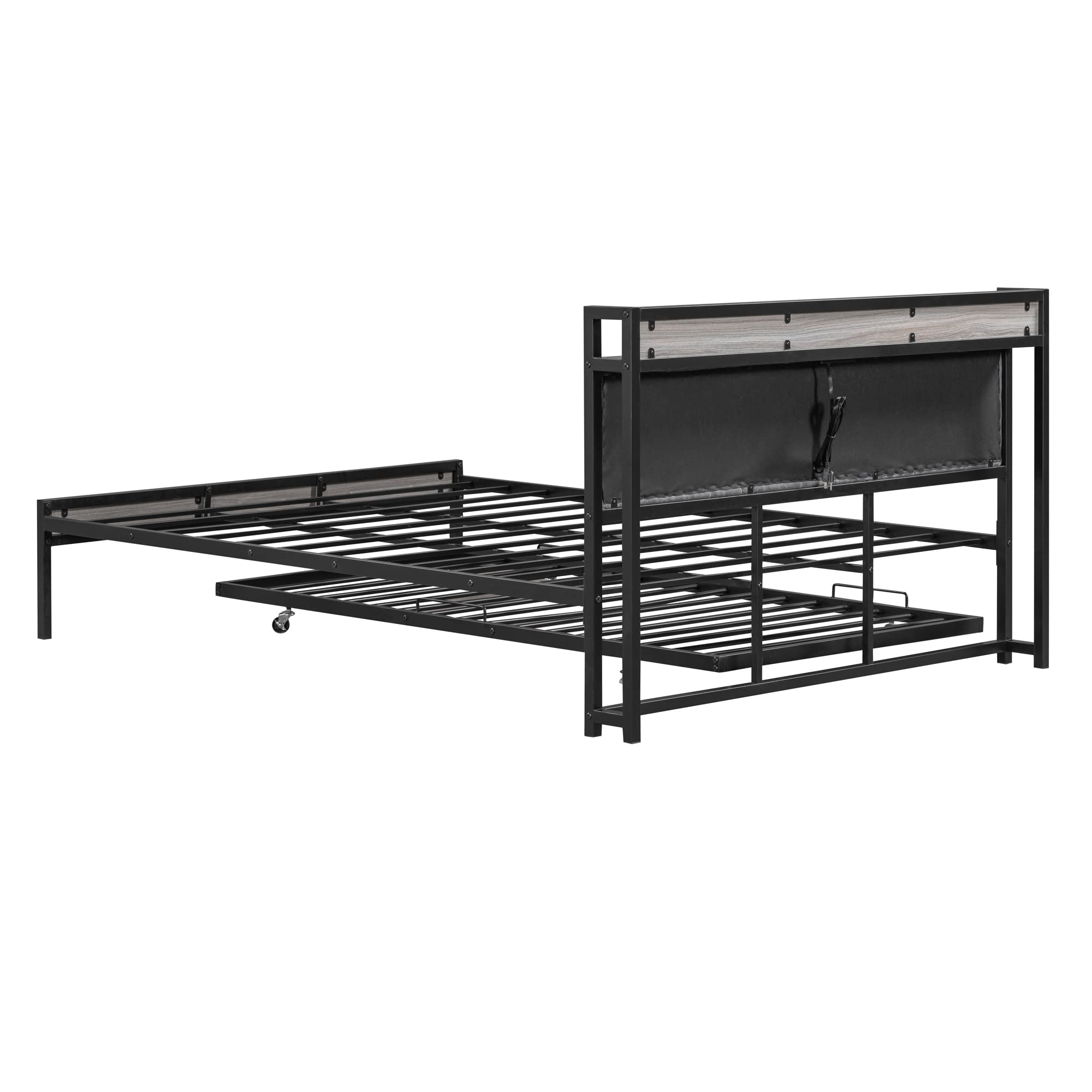 Queen Bed Frame with Trundle and Outlet & USB Ports Metal Platform Bed with Upholstered headboard, Queen Size Metal Panel Bed with Shelf, Noise-Free, No Box Spring Needed, Black with Gray