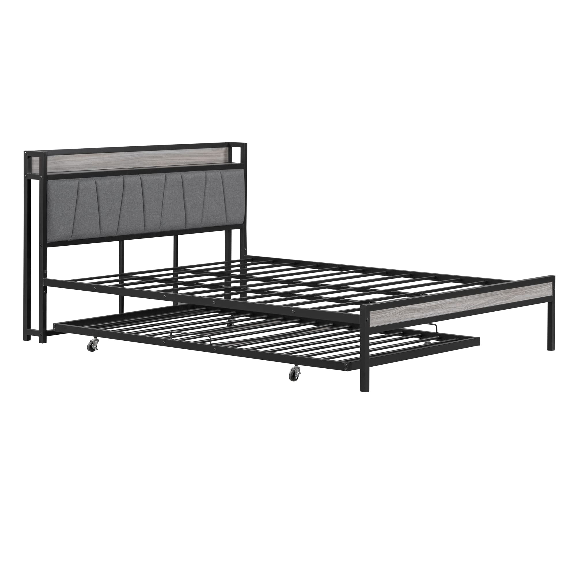 Queen Bed Frame with Trundle and Outlet & USB Ports Metal Platform Bed with Upholstered headboard, Queen Size Metal Panel Bed with Shelf, Noise-Free, No Box Spring Needed, Black with Gray