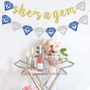 She's a Gem Banner - Diamond Themed Bridal Shower, Bachelorette Party Decorations, 4.3ft Wide, Handmade, Pre-Strung - Gemstone Party Decor in Gold, Silver, and Blue