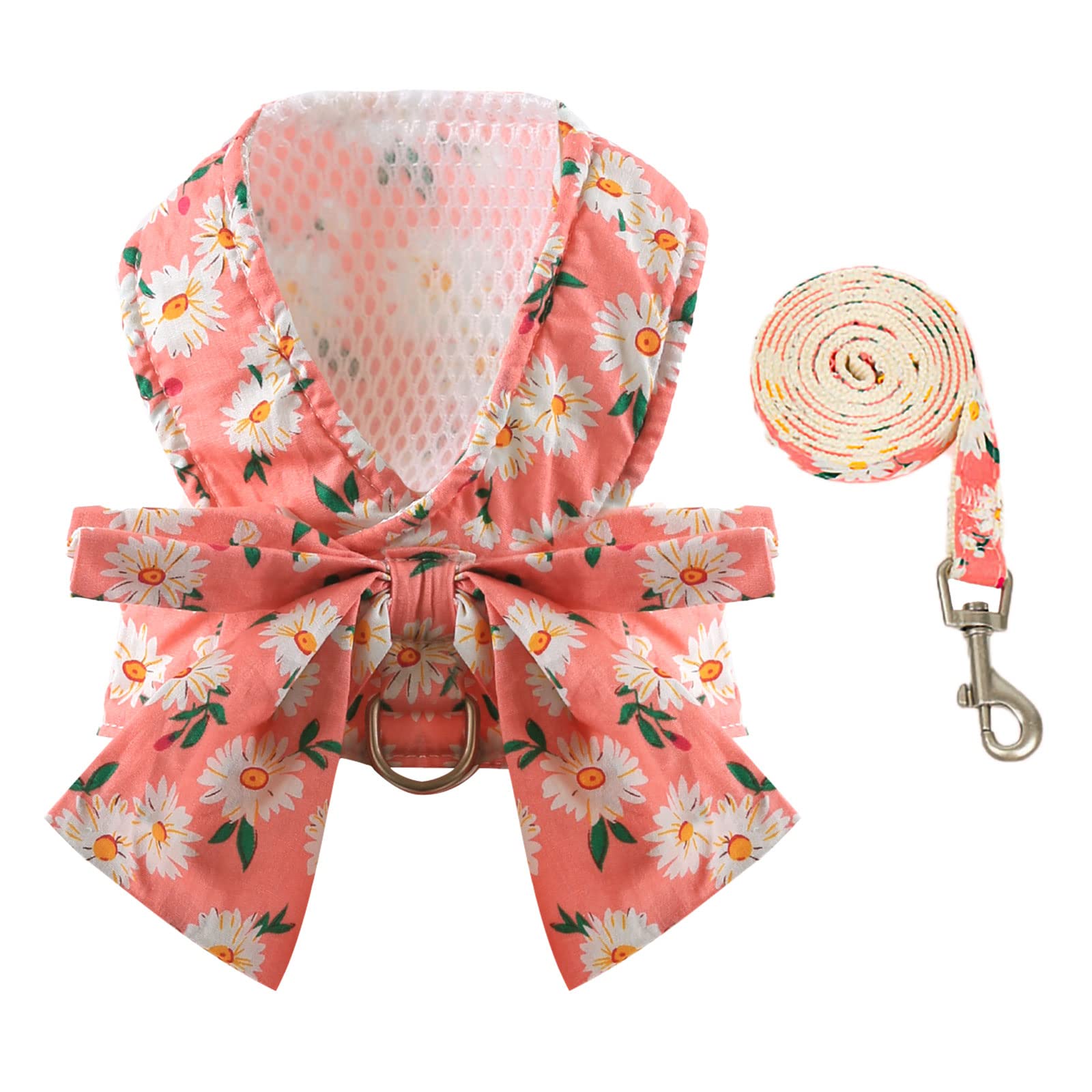 BAEJMJK Dog Harness and Leash Set with Bow Knot No Pull Pet Daisy Floral Harness with D-Ring Soft Mesh Dog Harness Vest Set Escape Proof Princess Puppy Harness for Small Girl Dogs Cats（Pink M）