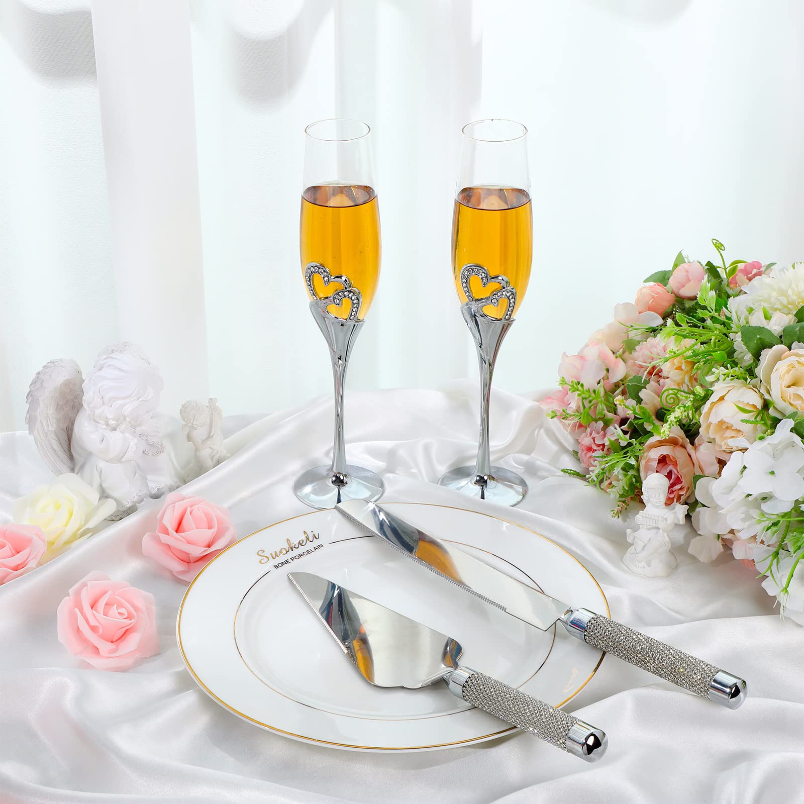 Zhehao Wedding Champagne Flutes and Cake Knife Server Set Toasting Glasses Toasting Champagne Flutes with Rhinestone Rimmed Hearts Decoration Couple Cake Cutting Set for Wedding Anniversary (Silver)