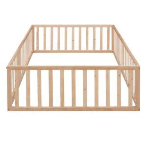 Harper & Bright Designs Floor Bed with Rails, Full Size Wood Floor Bed Frame with Fence and Door, for Kids Girls Boys (Natural)